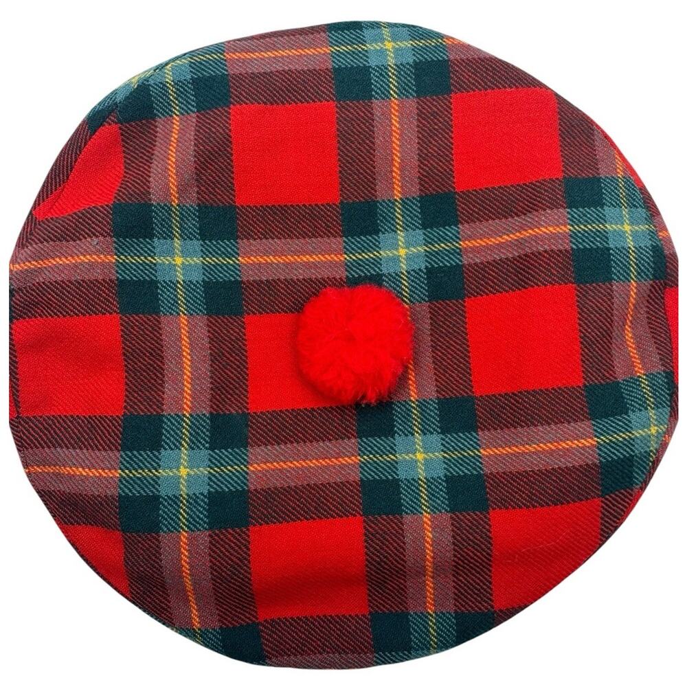 Vintage Totem Brand Tam O' Shanter Cap Red Tartan Plaid 100% Wool Hat Size 7 SM